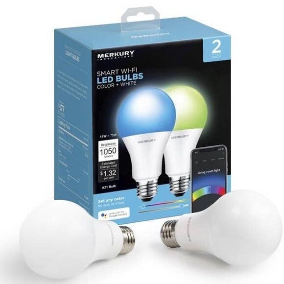 Merkury Innovations A21 smart multicolour led wifi bulb 75watt dimmable 2-pack - Picture 1 of 8